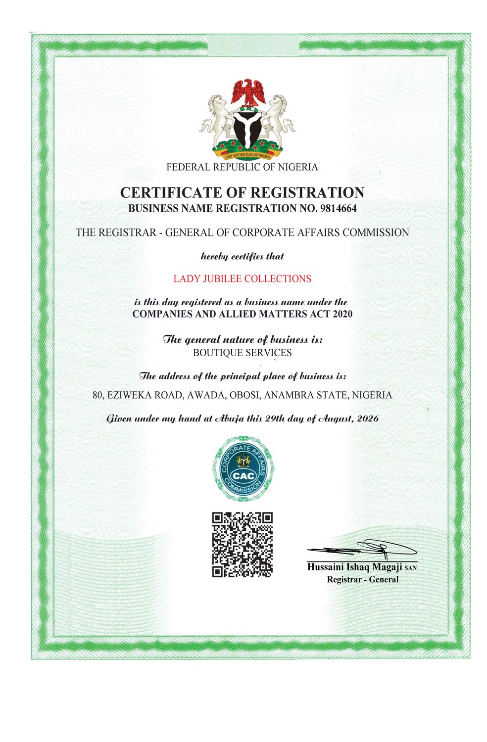 CAC certificate of registration for Lady Jubilee Collections